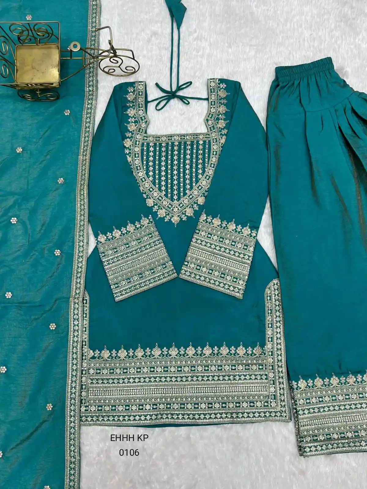 Elegant Embroidered Sharara Suit Set – Teal Green & Gold
